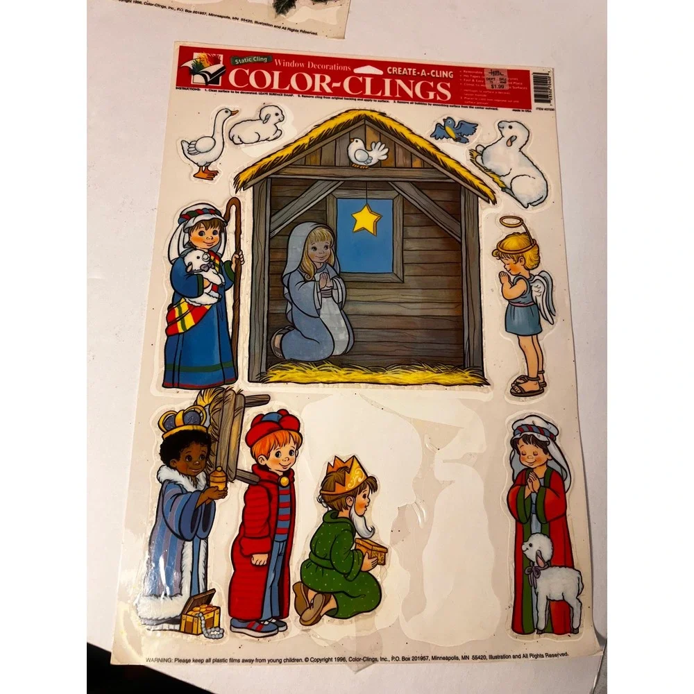 Vintage 1996 Color-Clings Christmas Window Clings Santa Nativity Bears Lot of 5